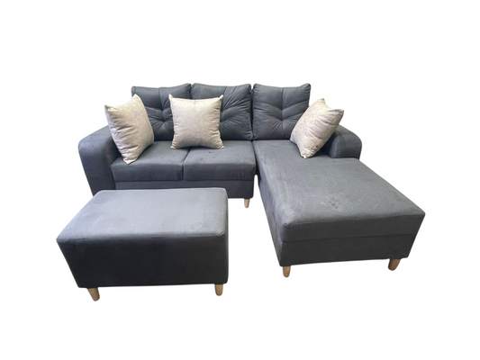 Sofá en L Lisboa Premium + Puff - Tela Antifluido Gris Elegante