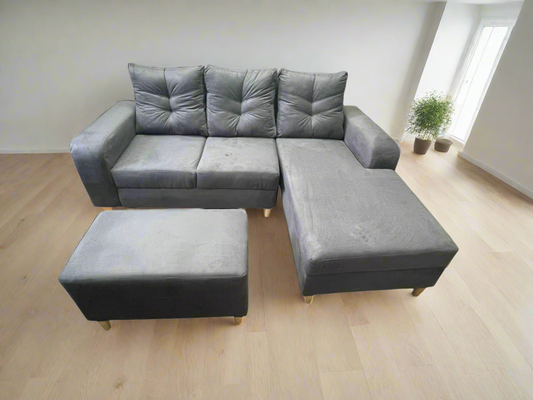 Sofá en L Lisboa Premium + Puff - Tela Antifluido Gris Elegante